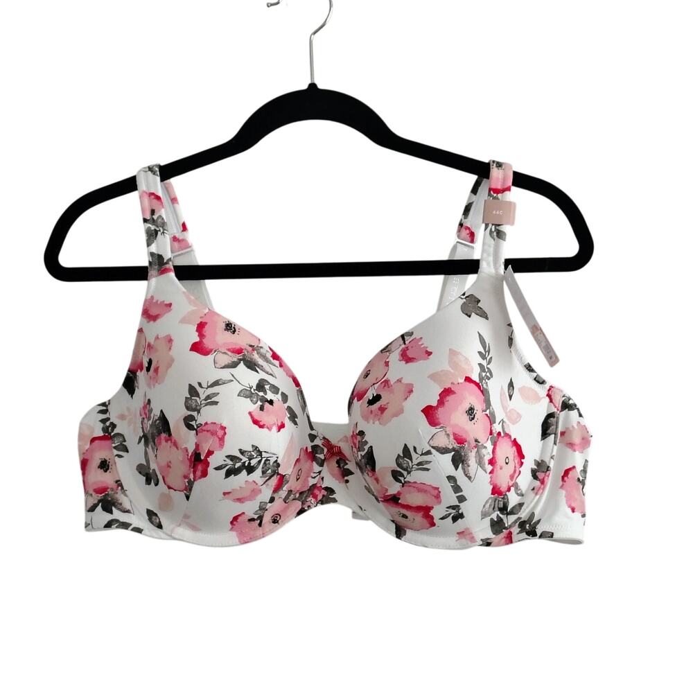 Cacique 44C White Pink Floral Lightly Lined T-Shirt Underwire Bra Cotton NEW